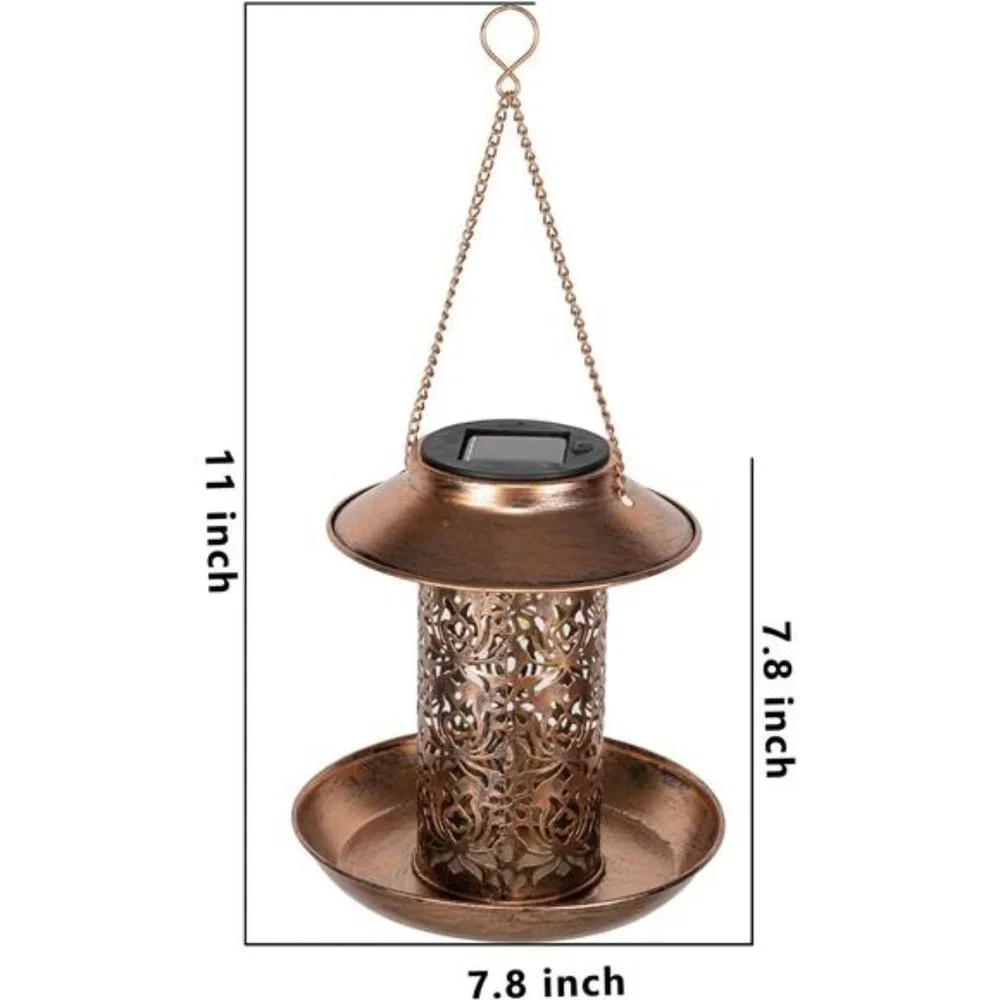 Solar BirdFeeder Decorative Metal Panel Hanging BirdHouse with Light for Feeding